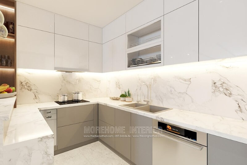 Hệ thống tủ bếp màu trắng, phân tách nhiều ngăn lớn nhỏ đáp ứng nhu cầu sắp xếp đồ nội thất  Tủ bếp gỗ công nghiệp và tủ bếp acrylic