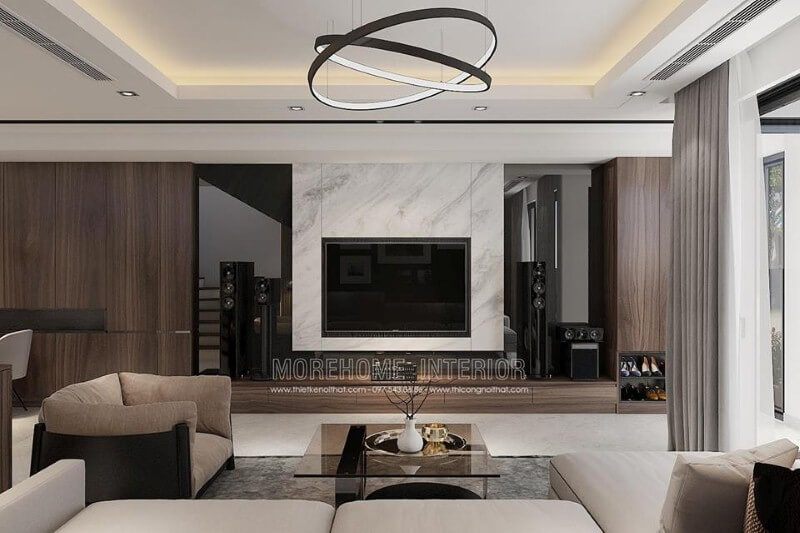 Đá ốp granite sẽ độc đáo hơn nết kết hợp vật liệu ốp  phòng khách tối màu.