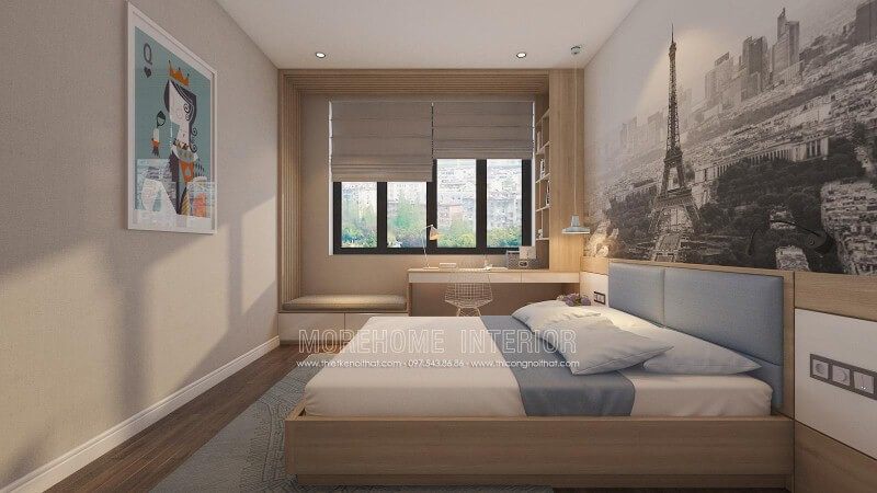Bố trí nội thất phòng ngủ hiện đại có bàn làm việc hay góc học tập gần cửa sổ đẹp, sang trọng và tiện ghi.