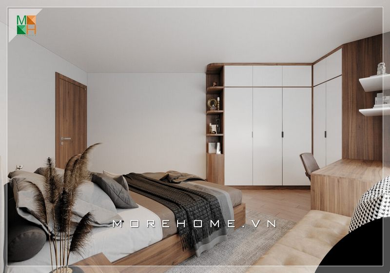 Tủ quần áo góc kịch trần có kiểu dáng hiện đại và kệ trang trí bằng gỗ công nghiệp được đề xuất là lựa chọn tuyệt vời cho các căn hộ, nhà phố và biệt thự.